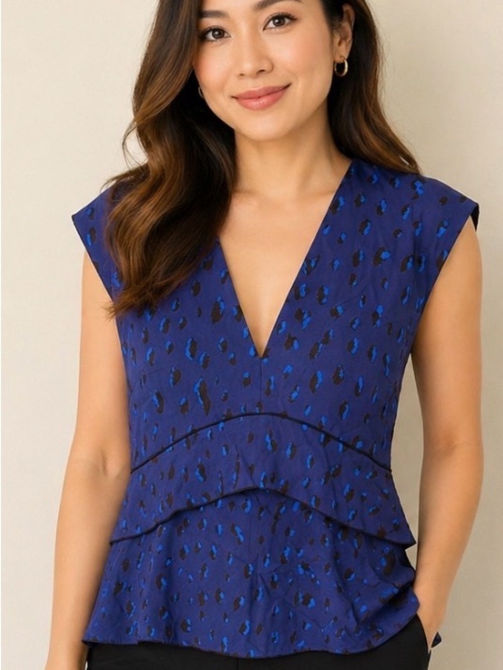 Proenza Schouler top blue, abstract animal-print V-neck 
 Size 12 P2P 20’ NWT